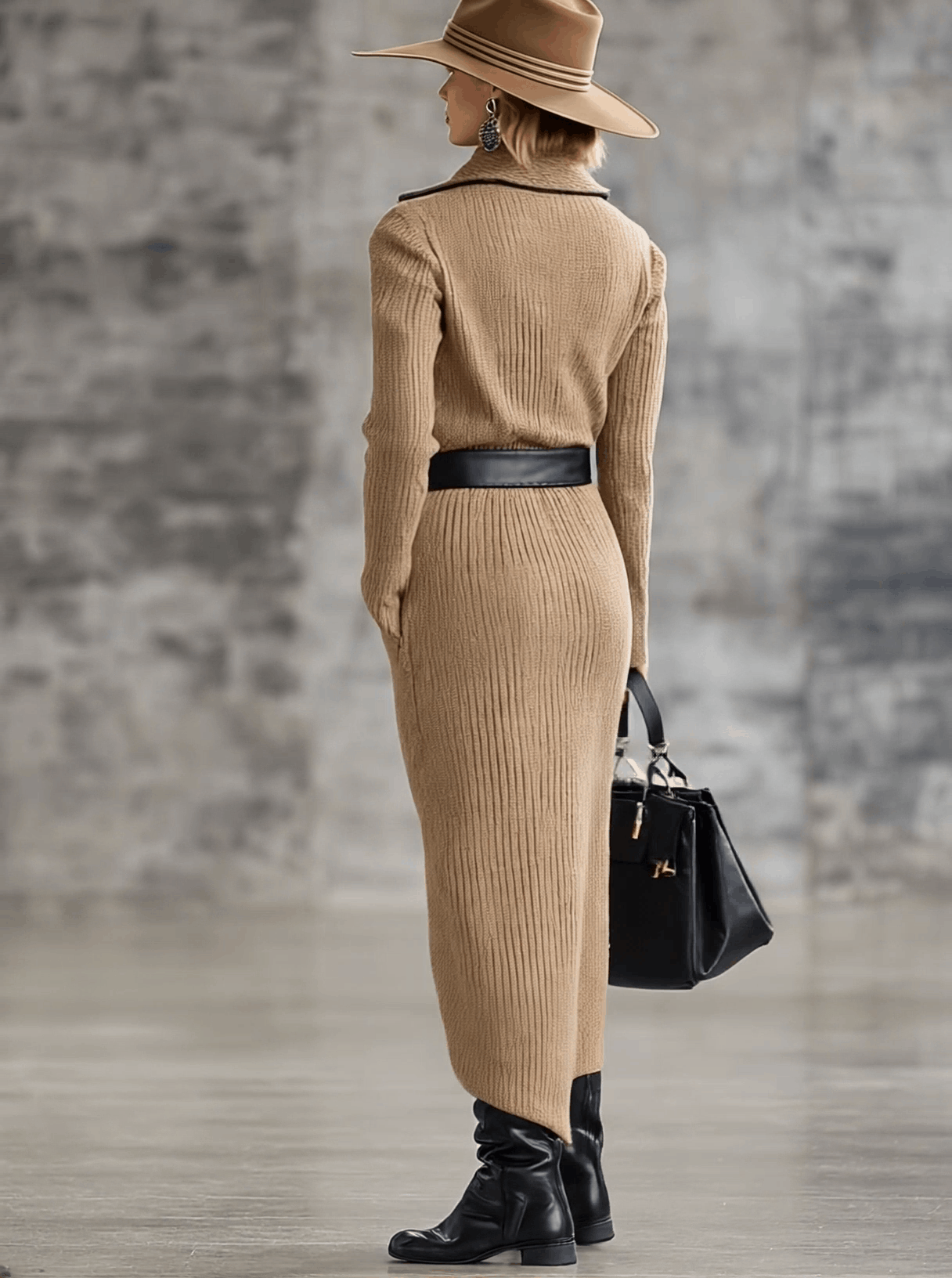 Robe Midi Camel Tricotée avec Zip et Détails Lacés Rétro