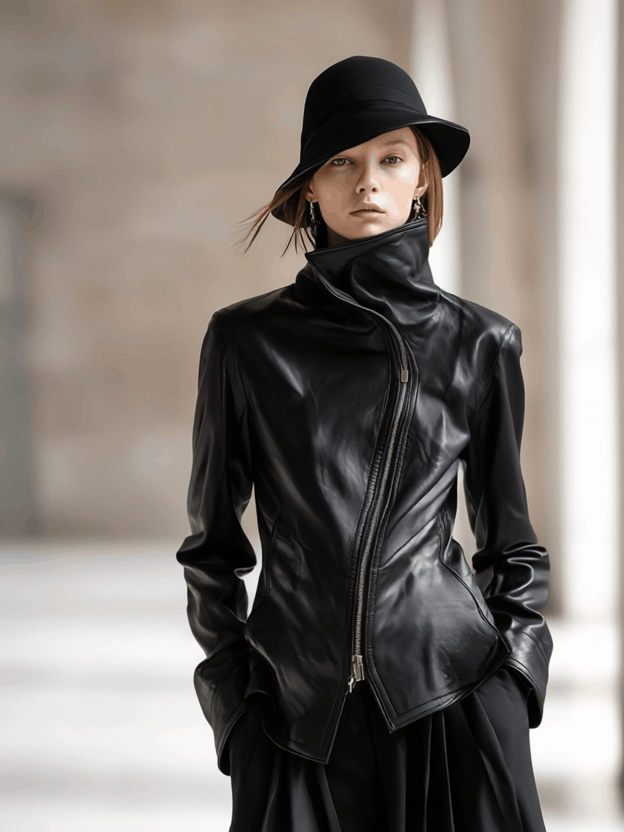 Veste Noir en PU avec Col Montant et Fermeture Éclair Asymétrique
