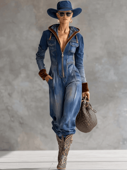 Combinaison Vintage Western en Velours Denim Bleu avec Capuche et Col V Zippé