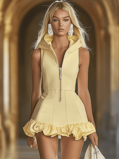 Robe Mini Sans Manches à Capuche - Zip Avant en Jaune Canard avec Volants | Expédition Rapide en 24 Heures