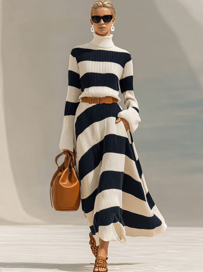 Robe Maxi Tricotée Élégante à Manches Longues - Col Haut en Rayures Contrastées Bleu Marine et Blanc