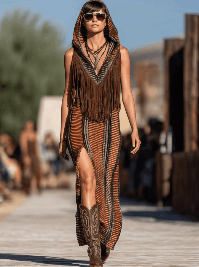 Maxi Robe Tricotée à Franges avec Capuche - Rayures Colorées au Style Western, Expédition en 24 Heures !