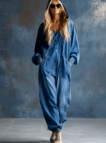 Combinaison Décontractée en Denim Bleu à Capuche avec Boutons et Manches Longues