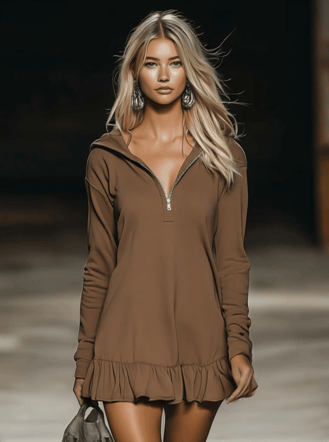 Robe Mini Marron à Manches Longues avec Capuche et Ourlet Volant