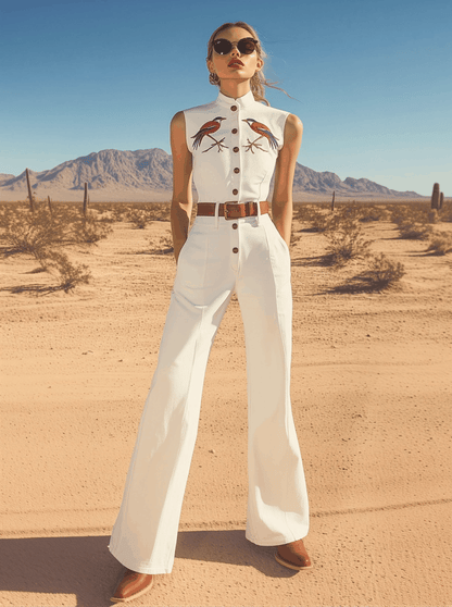 Expédition en 24h : Combinaison Sans Manches à Col Montant Brodé - Style Rétro Western