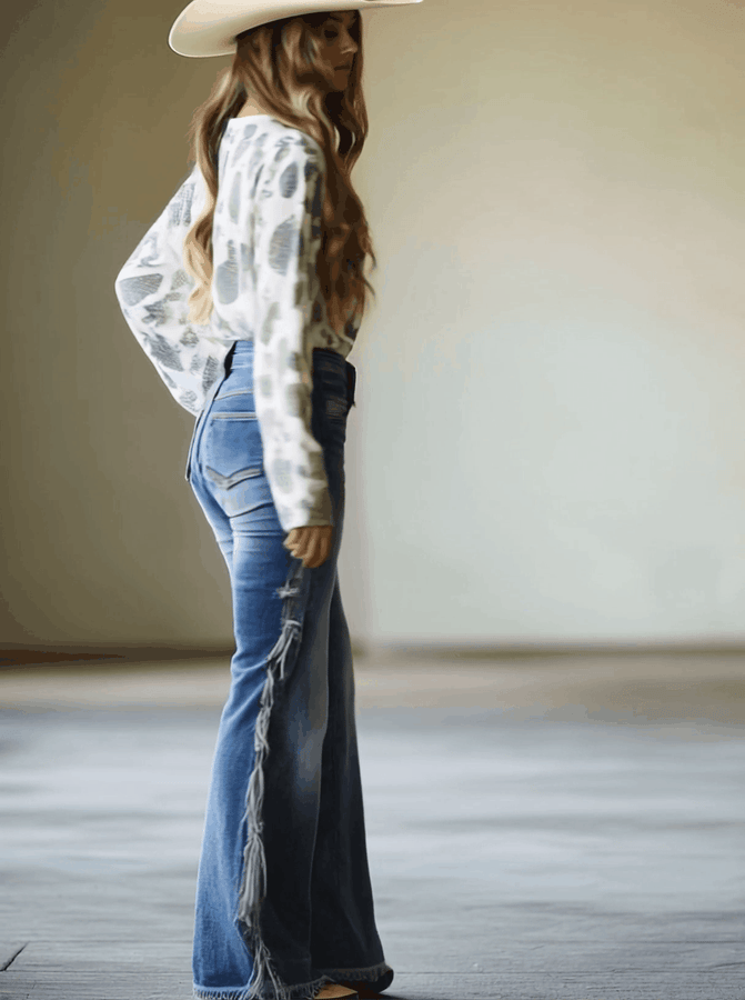 Jean Évasé Vintage Bleu avec Franges