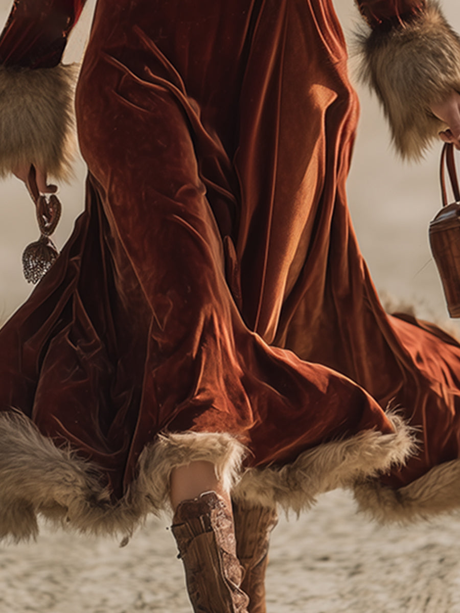 Maxi Robe Vintage Western en Velours Caramel avec Détails en Fausse Fourrure et Manches Longues