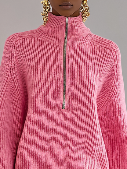 Chic Pull Uni à Col Montant Zippé et Manches Longues