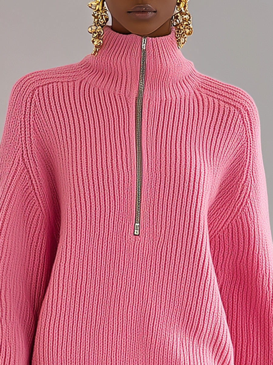 Pull Chic à Col Montant Zippé et Manches Longues