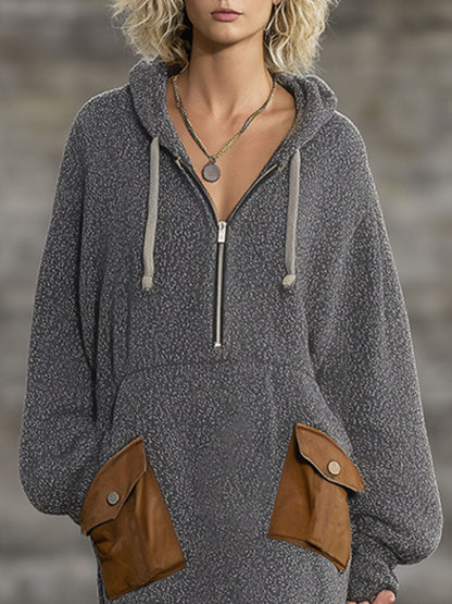 Décontractée Robe Maxi Grise à Capuche en Tricot Vintage