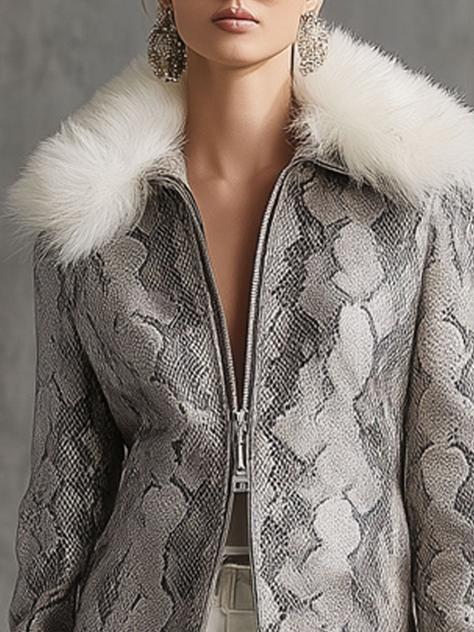 Veste Vintage en Simili Cuir avec Double Fermeture Éclair et Col en Fourrure Synthétique Imprimé Serpent Gris