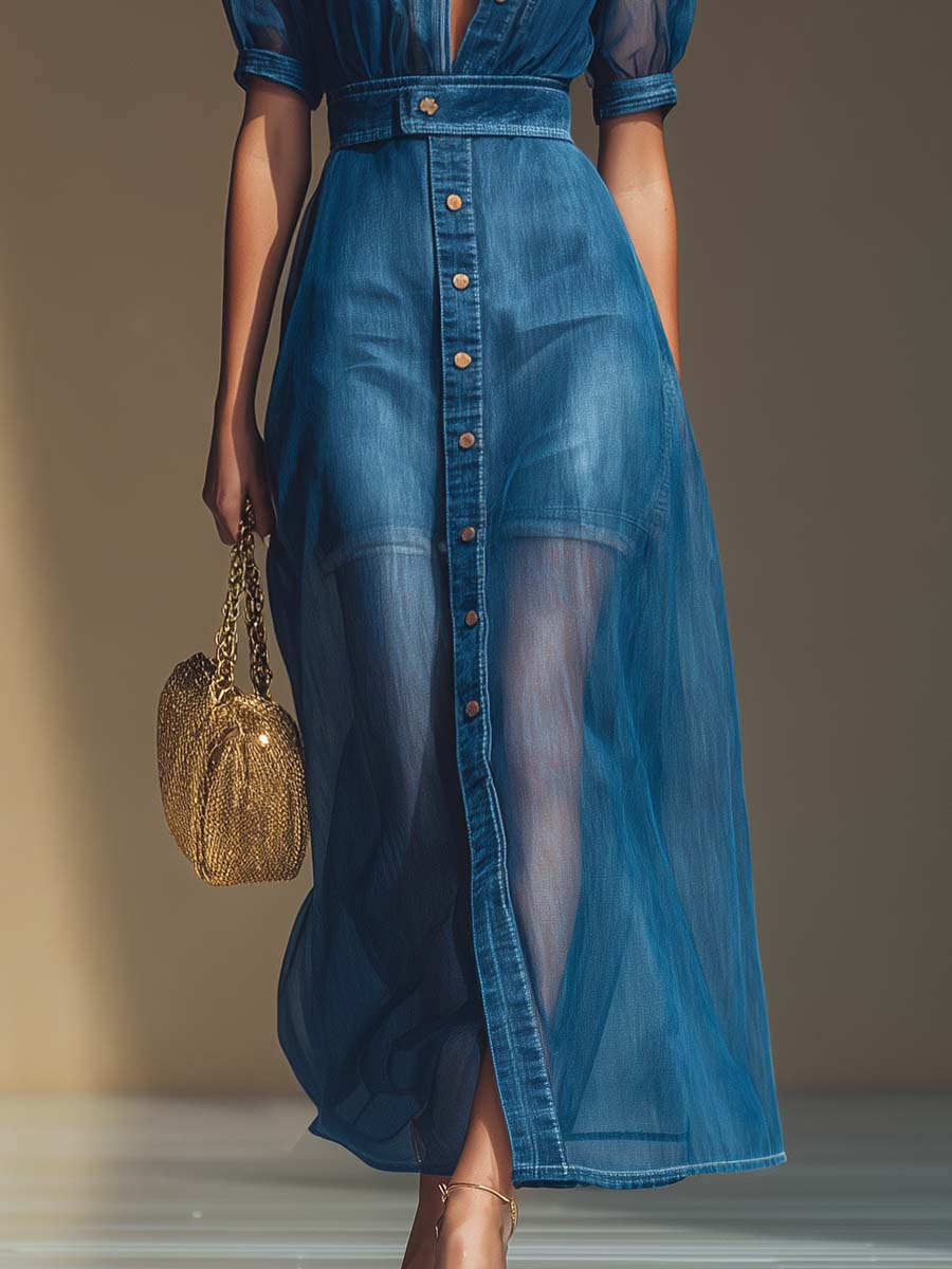 Robe Maxi en Denim Bleu avec Décolleté en V et Élégants Détails à Boutons, Manches Courtes en Organza