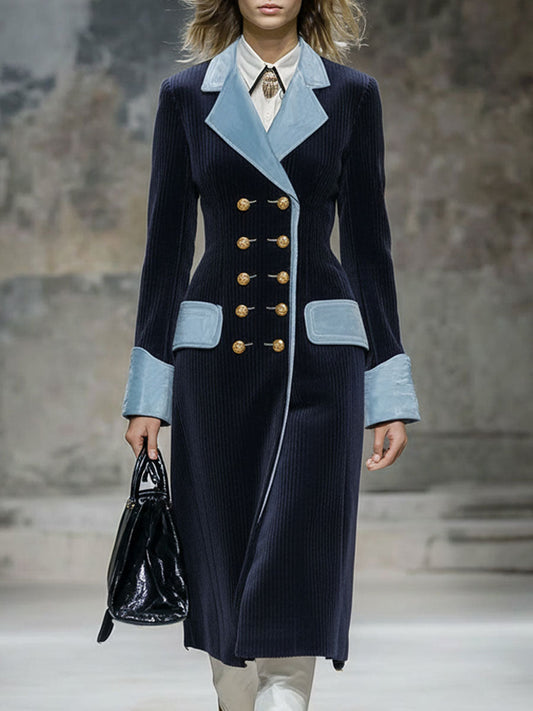 Veste Longue en Velours Bleu Rétro avec Finitions en Velours Marine
