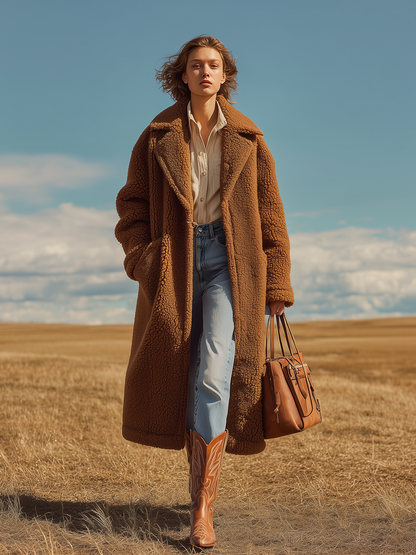 Veste Longue en Sherpa avec Col Oversized - Style Rétro Classique en Couleur Unie