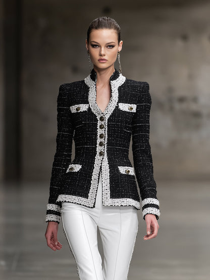 Veste Tendance en Tweed Noir avec Détails en Patchwork