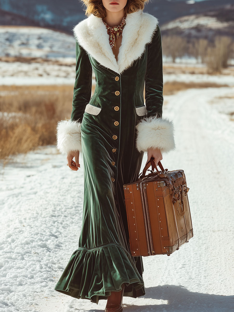 Robe Maxi en Velours Vert Foncé avec Col en Fausse Fourrure Rétro et Volants Élégants