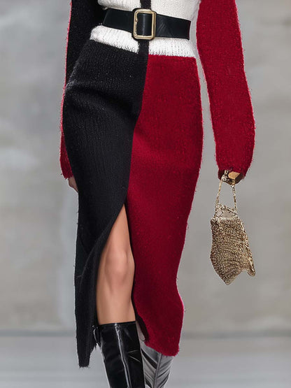 Robe Midi Tricotée à Fente - V-Neck en Noir, Blanc et Rouge