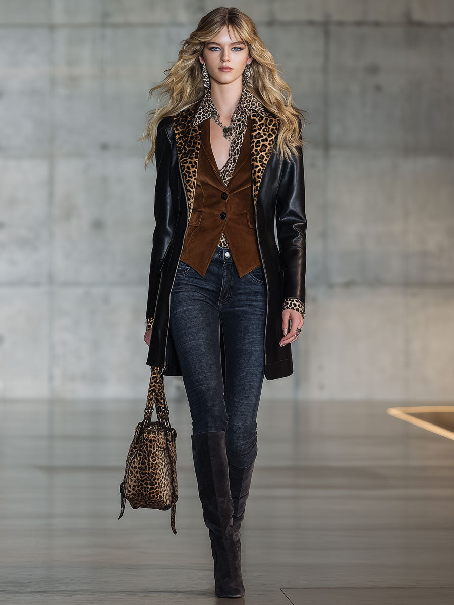 Veste en PU Noir avec Fermeture Éclair et Col en Velours Léopard Rétro