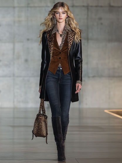 Veste Zippée Noire en PU avec Col en Velours Léopard Vintage