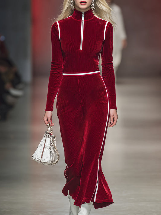 Robe Midi Rétro en Velours Côtelé Rouge avec Col Montant et Demi-Zip