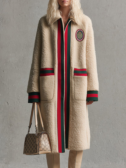 Élégant Manteau Beige en Fausse Laine de Mouton avec Col Chic