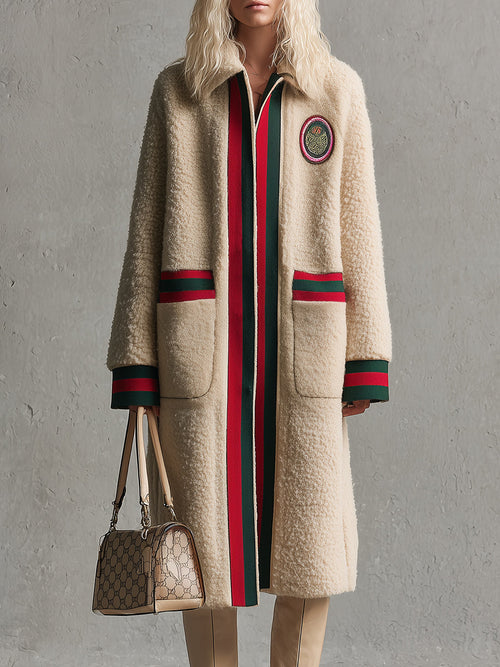 Élégant Manteau Beige en Fausse Laine de Mouton avec Col Chic