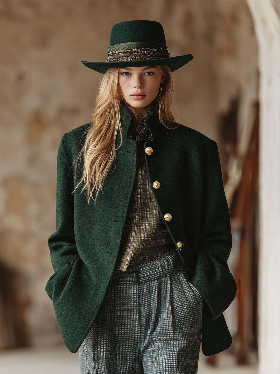 Veste en laine verte à col montant au style rétro