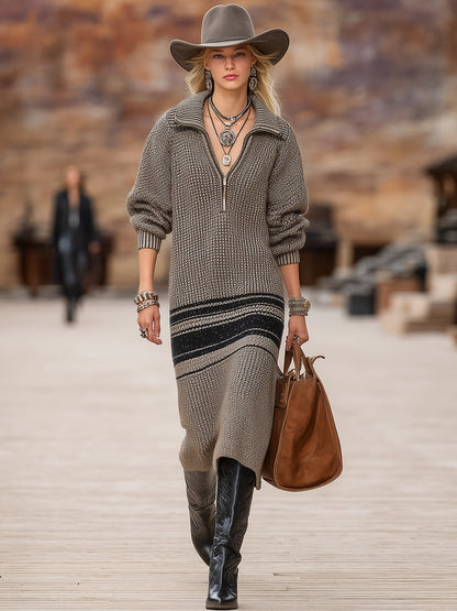 Robe Midi Tricotée Noir à Rayures Gris Foncé avec Col Rabattu et Fermeture Éclair