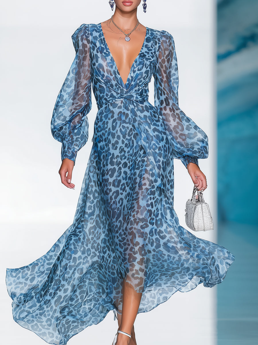 Robe Maxi Chiffon Bleu à Imprimé Léopard - Élégance et Style en 24 Heures, Manches Longues et Décolleté en V