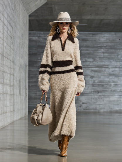 Robe Maxi en Fleece Corail avec Col Contrasté – Élégance Luxe