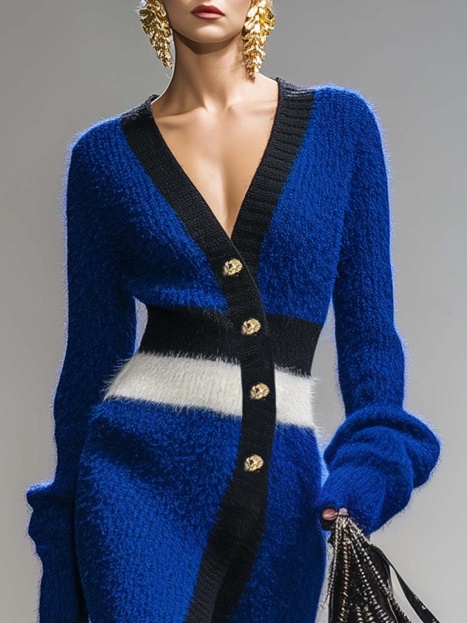 Robe Midi Tricotée Bleu Royal à Décolleté en V et Boutons Obliques