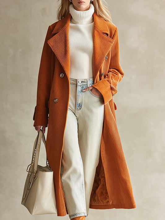 Mi-Long Manteau en Velours Côtelé Orange, Doublé en Polaire - Élégance Tendance