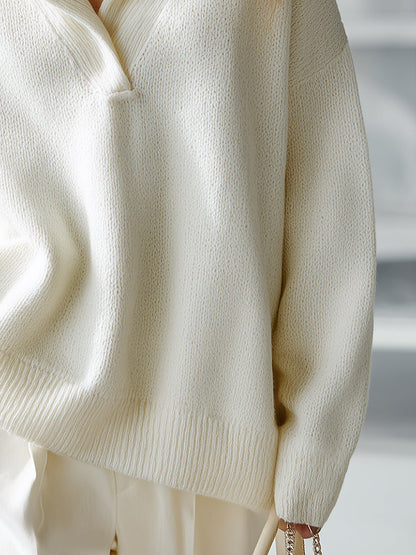 Pull en Maille Blanc au Col Revers Chic et Élégant