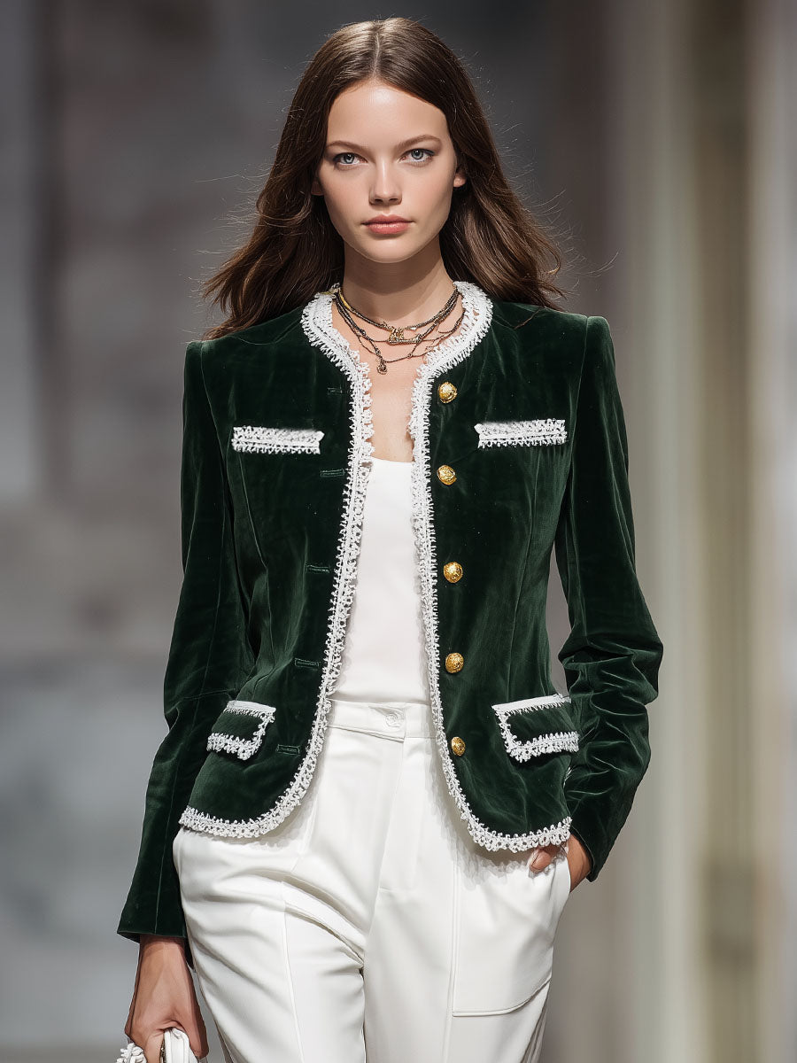 Veste Velours Chic à Lacets, Col Rond et Poches Pratiques