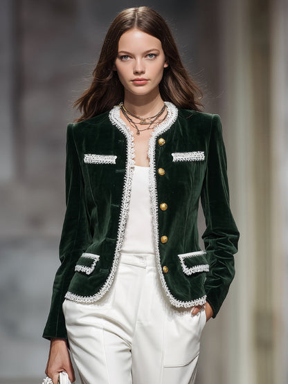 Veste Velours Chic à Lacets, Col Rond et Poches Pratiques