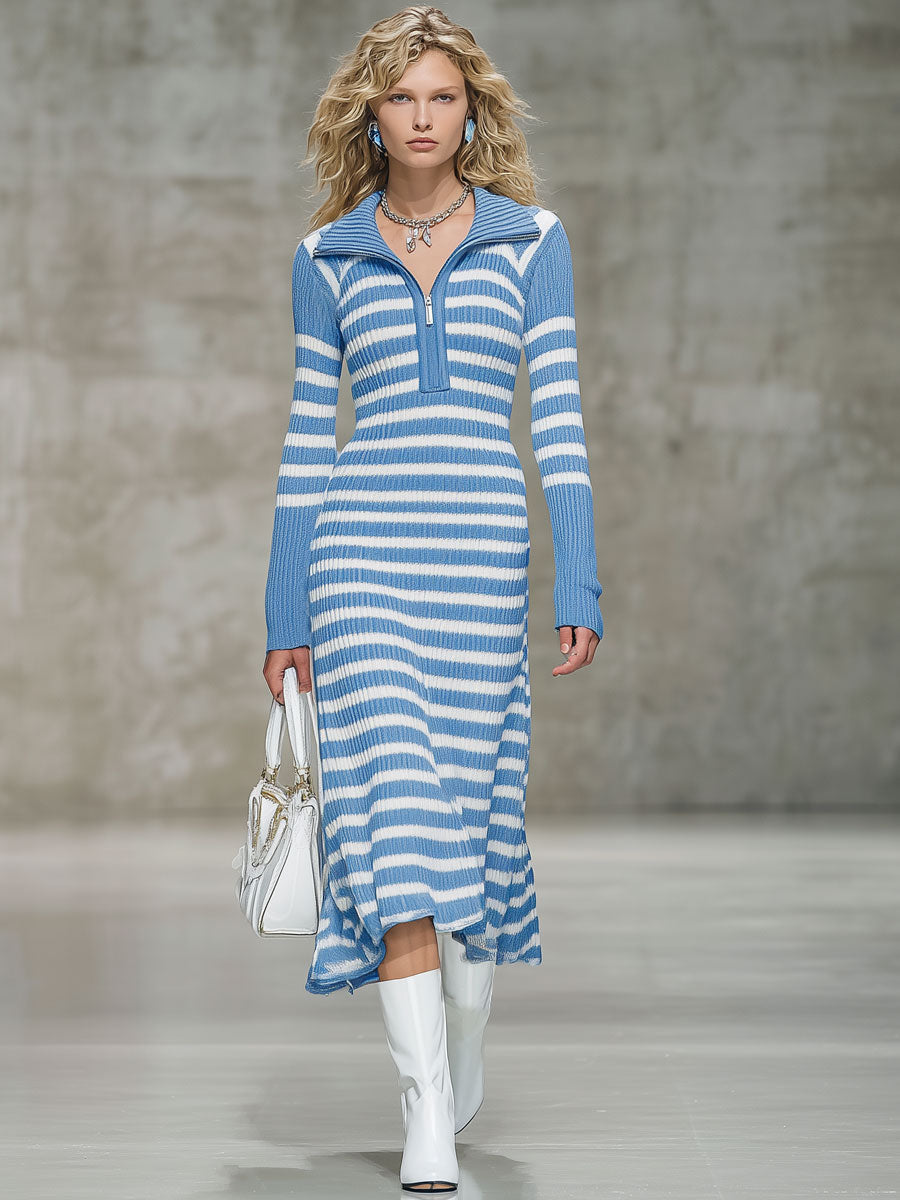 Robe Midi Rétro à Rayures Bleu et Blanc avec Demi-Zip