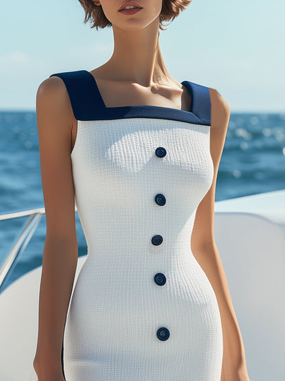 Robe Midi Tricotée Blanche à Col Carré Marine - Parfaite pour vos Évasions d'Été ! Expédition en 24 heures