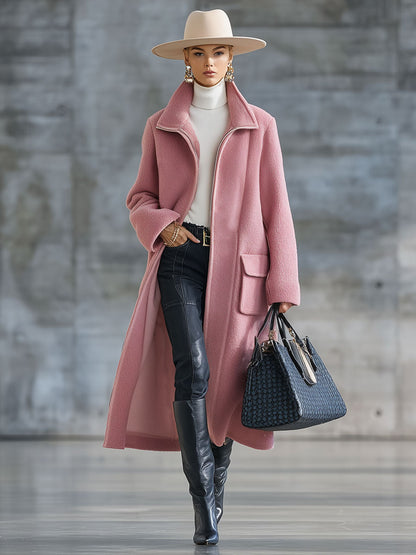 Veste Longue Zippée en Polaire Rose au Style Rétro Décontracté