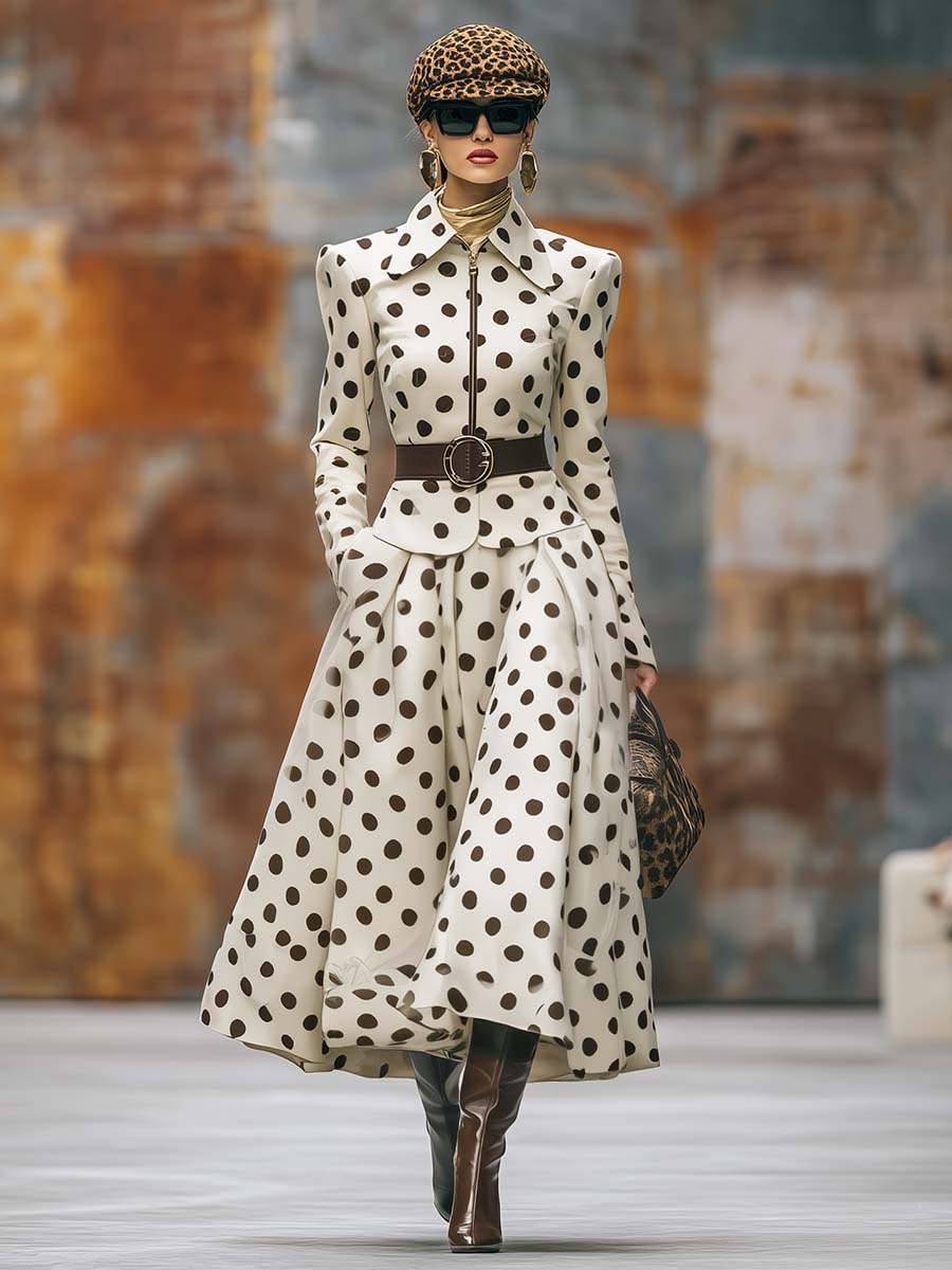 Veste Vintage à Pois Bruns avec Col Crème et Jupe Évasée à Ourlet