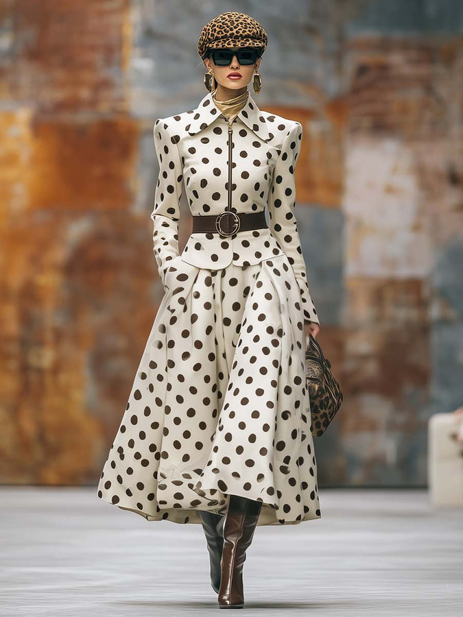 Veste Vintage à Pois Bruns avec Fermeture Éclair et Jupe à Ourlet Décontracté