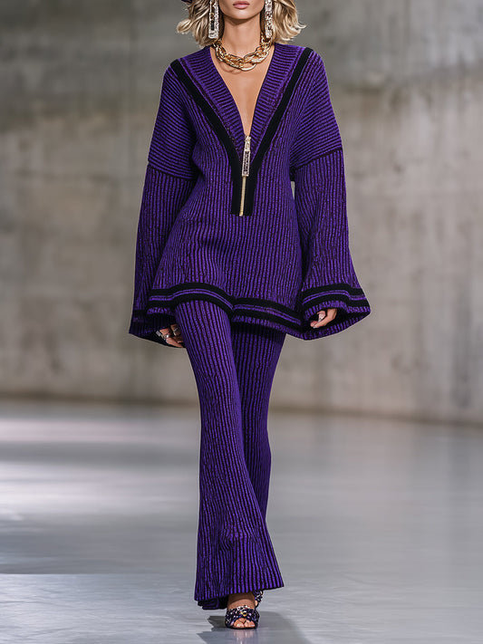 Chic et Tendance : Ensemble Haut Tricoté à Demi-Zip et Pantalons Évasés Violets