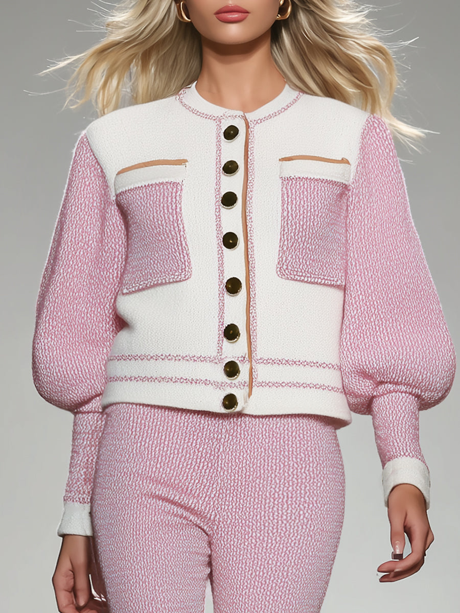 Ensemble Élégant en Tricot Blanc et Rose : Veste et Pantalon Chic et Tendance
