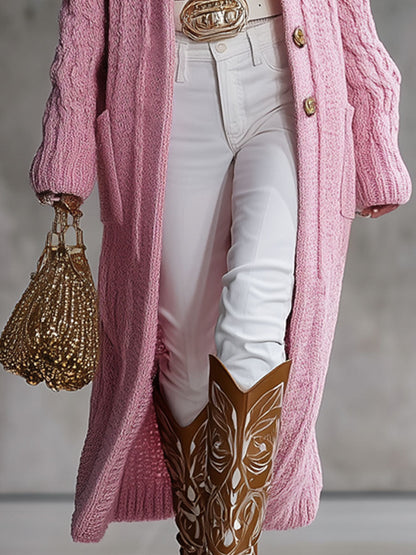 Tricot Élégant avec Poches Doubles et Col Rose à Boutons