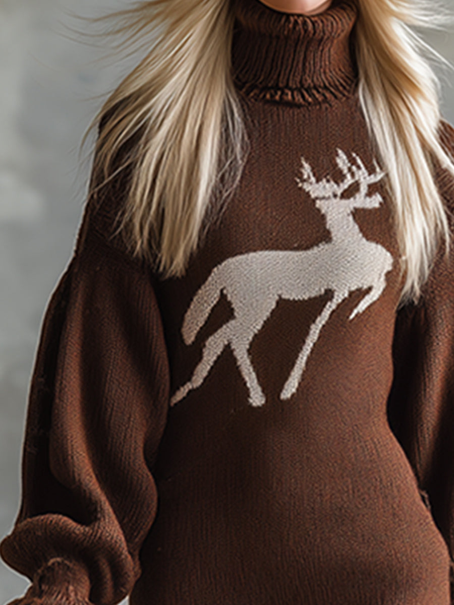 Robe Midi Tricotée Marron à Col Haut avec Élégant Motif de Cerf Vintage pour Noël