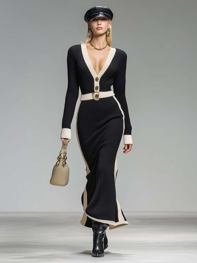 Robe Maxi Tricotée Noire Élégante avec Décoration V-Cou Contrastante et Boutons Frontaux - Style Rétro