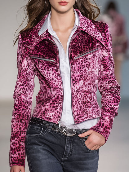 Veste en Velours Léopard avec Poches Zippées et Col Ample