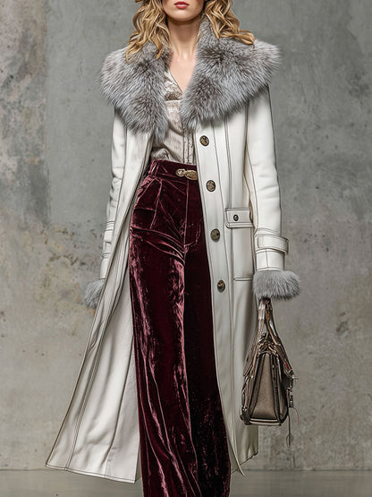 Veste Longue en Similicuir Blanc avec Col en Fourrure Synthétique au Style Rétro