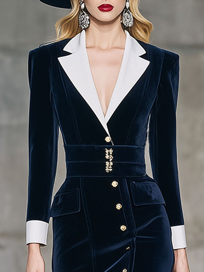 Robe Midi en Velours Bleu Élégante avec Détails Contrastés et Col Raffiné