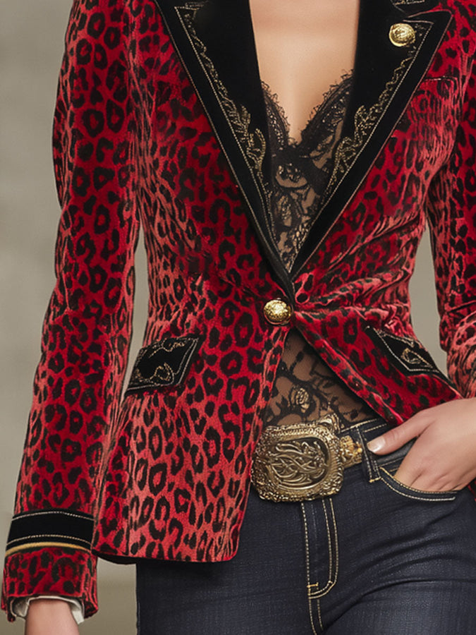 Veste en Velours Léopard Brodée avec Détails Contrastants Élégants