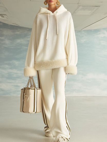 Ensemble Tricot Crème Blanc : Sweat à Capuche et Pantalons à Jambes Larges